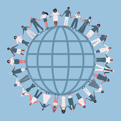 large group of people. Men and women are holding hands, stand around the globe. Multicultural group of people. Vector illustration in blue