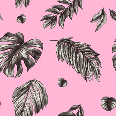 Vintage monochrome tropical fantasy floral seamless pattern, exotic leaves