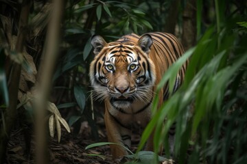 Fototapeta premium A majestic tiger walking through the lush jungle