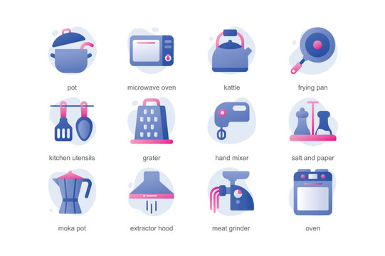 Kitchen icons in a flat cartoon design with blue colors. The picture shows cartoon electrical appliances that are found in every housewife's kitchen. Vector illustration.