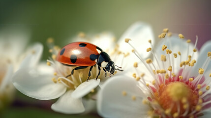 Ladybug on white flower. Generative AI