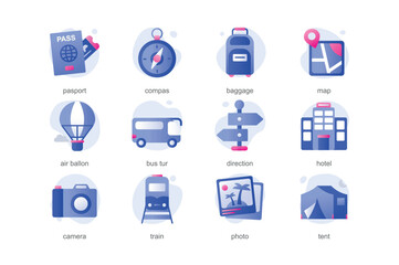 Travel icons in a flat cartoon design with blue colors. There are cartoon things on a white background, without which no long trip is complete. Vector illustration.