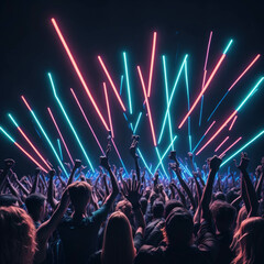 Fototapeta na wymiar Beach Party, Live Concert Performence, Festival, Night Club Party, Cheering Crowd, Lots of People Silhouette, Neon Color Lights Lasers and Smoke, Generative AI