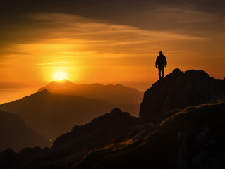 A silhouetted figure hiking along a mountain ridge at sunset