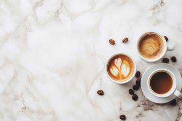 Cups of hot coffee and coffee beans on a white marble background