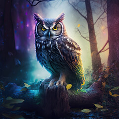 A magical owl in a dark misty forest with dramatic phantasmal iridescent lighting,  ai generated