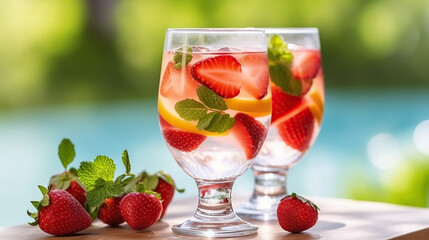 Flavored water with fresh strawberries on blurred background.