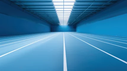 Rolgordijnen indoor running track, blue athletic track with white lines illustration. © Pro Hi-Res