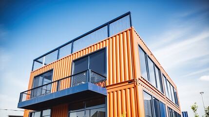 Modern metal building made from shipping house containers and blue sky background. Generative AI