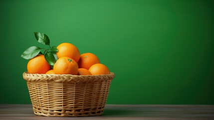 Orange on the basket on the wooden, gradient green background