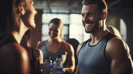 Fotobehang male and female talking relax with friends after workout in the gym © EmmaStock