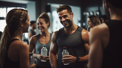 male and female talking relax with friends after workout in the gym - obrazy, fototapety, plakaty
