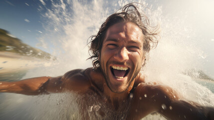 Fototapeta na wymiar Close-up professional surfer riding waves on the sea