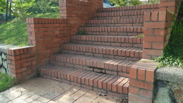 Looking up to the brick stairs in the morning.