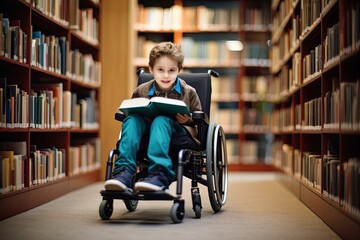 A determined schoolboy in a wheelchair is engaged in education, mastering knowledge in a hospitable library environment.