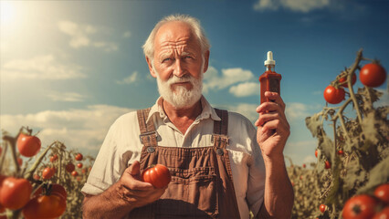 Elderly farmer stands amidst a field of ripe tomatoes. Man holds in hands a red tomato and a bottle of homemade tomato sauce. Concept of local farming, from harvesting to made craft food products