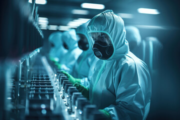 Group of doctors scientist virologist in chemical protection uniform and masks working in laboratory, science concept