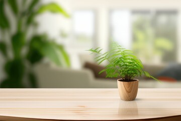 Empty wooden table product stage for promotion behind blurred living room with green plant 