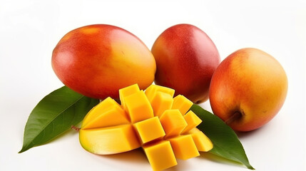 Fresh ripe mangoes on white background, Generative AI