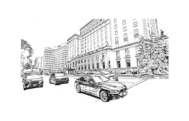 Building view with landmark of Regina is the 
city in Canada.Hand drawn sketch illustration in vector.