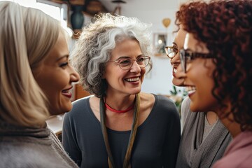 Dynamic Office Camaraderie: Multigenerational Women Teammates Share Smiles, Ideas, and Success in Collaborative Workspace