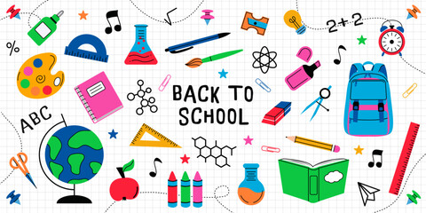 Back to School banner. Set school supplies. School colorful element, stationery in doodle style. Vector flat illustration.