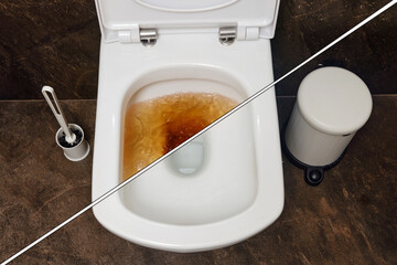 The clogged drain caused a dirty toilet, but after cleaning, it's now sparkling white. - obrazy, fototapety, plakaty