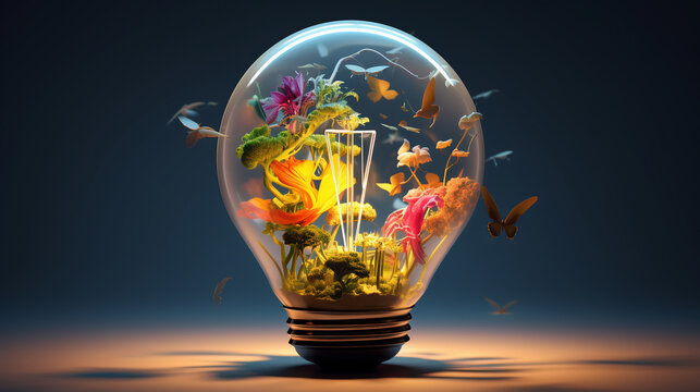 SDGsアイデア思考を視覚化したブレーンストーミング-カラフル3D電球ランプ