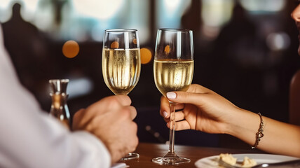 Romantic Elegance. Couple's Hands Grace Champagne Glasses on Table