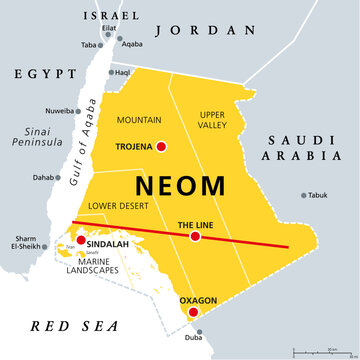 NEOM, regions and places, gray political map. Planned smart city in Saudi Arabia (Tabuk Province) with four regions. A floating industrial complex, global trade hub, tourist resorts and a linear city.