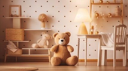 Teddy bear on kid's room with cozy interior with lamp and poster. Generative AI - obrazy, fototapety, plakaty