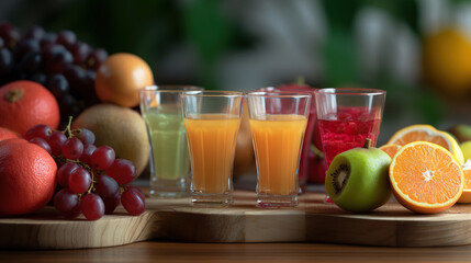 Elegant Organic Display. Fruits, Wooden Board, and Fluid Stripes in Radiant Hues