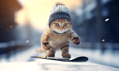 Winter mit Katze auf dem Snowboard