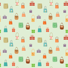 color shopping bags on light green background - vector seamless pattern
