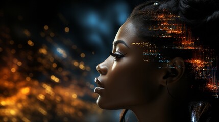 Concept of statistical charts and a profile silhouette of a black woman. IT in the financial sector. study of science..