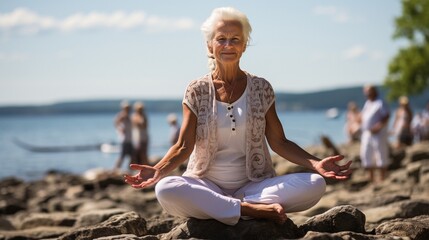 Fototapeta premium senior female exercising on the beach.