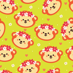 seamless pattern cartoon monkey, wearing flower crown. cute animal wallpaper illustration for gift wrap paper