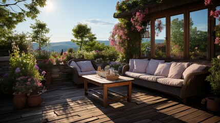 Fototapeta premium Terrace with flowerpots and plants.