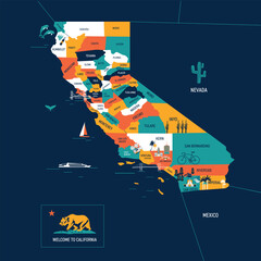 Vector illustration of California map with landmarks, destinations and cities, road map. USA culture set, famous architectures and specialties. Business, tourism concept clipart, icon. - obrazy, fototapety, plakaty