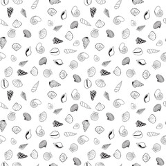 Seamless vector pattern with scattered small linear shells and doodles. Background of wallpaper, textiles, printing products