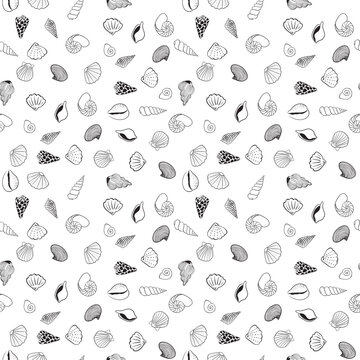 Seamless vector pattern with scattered small linear shells and doodles. Background of wallpaper, textiles, printing products