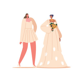 Beautiful Brides In Elegant Short And Long Dresses Isolated On White Background. Female Characters In Fashioned Gowns