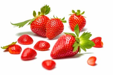 Fresh some whole and sliced strawberries isolated on white background 