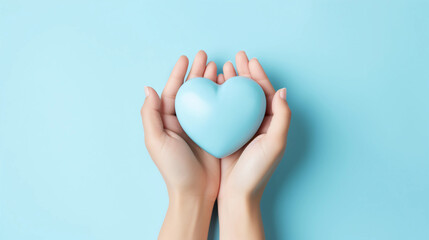 Woman hands holding blue heart, Happiness moment, Health care, wellness, donate and family insurance concept, World heart day, Health day, Hope, Gratitude, Kindness, Valentine's Day. Generative AI.