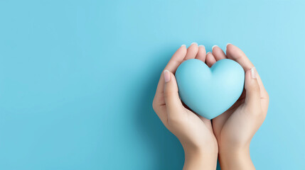 Woman hands holding blue heart, Happiness moment, Health care, wellness, donate and family insurance concept, World heart day, Health day, Hope, Gratitude, Kindness, Valentine's Day. Generative AI.