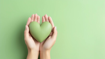 Woman hands holding green heart, Happiness moment, Health care, Save world, donate and family insurance concept, World heart day, Health day, Hope, Gratitude, Kindness, Valentine's Day. Generative AI.