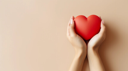 Obraz premium Woman hands holding red heart, Happiness moment, Health care, wellness, donate and family insurance concept, World heart day, Health day, Hope, Gratitude, Kindness, Valentine's Day. Generative AI.