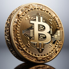image of a gold bitcoin on a table, in the style of baroque dramatic lighting,
