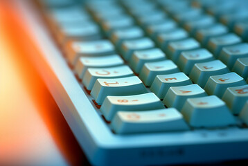 a light blue keyboard with blogs written on it, in the style of soft focal points