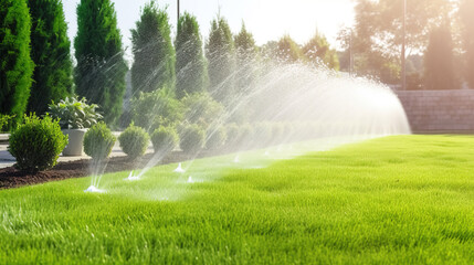 sprinkler spraying water on green grass.Generative Ai